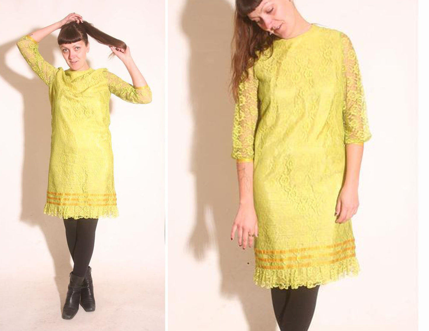 Vintage 1960s Neon Lime Green Sheer Sleeve Nicky Vaughn Lace Shift Dress size M