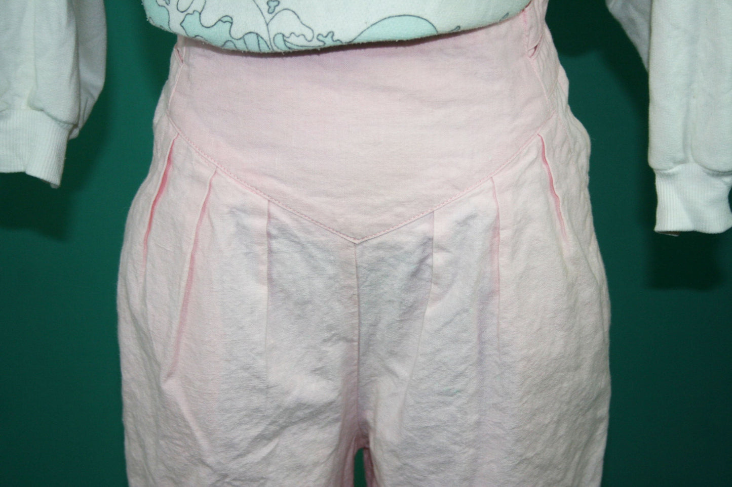 Vintage 1980s 80s Linen High Waisted Baby Pink Pastel Pleated Pegged Cigarette Trouser Pant Bottoms Small S