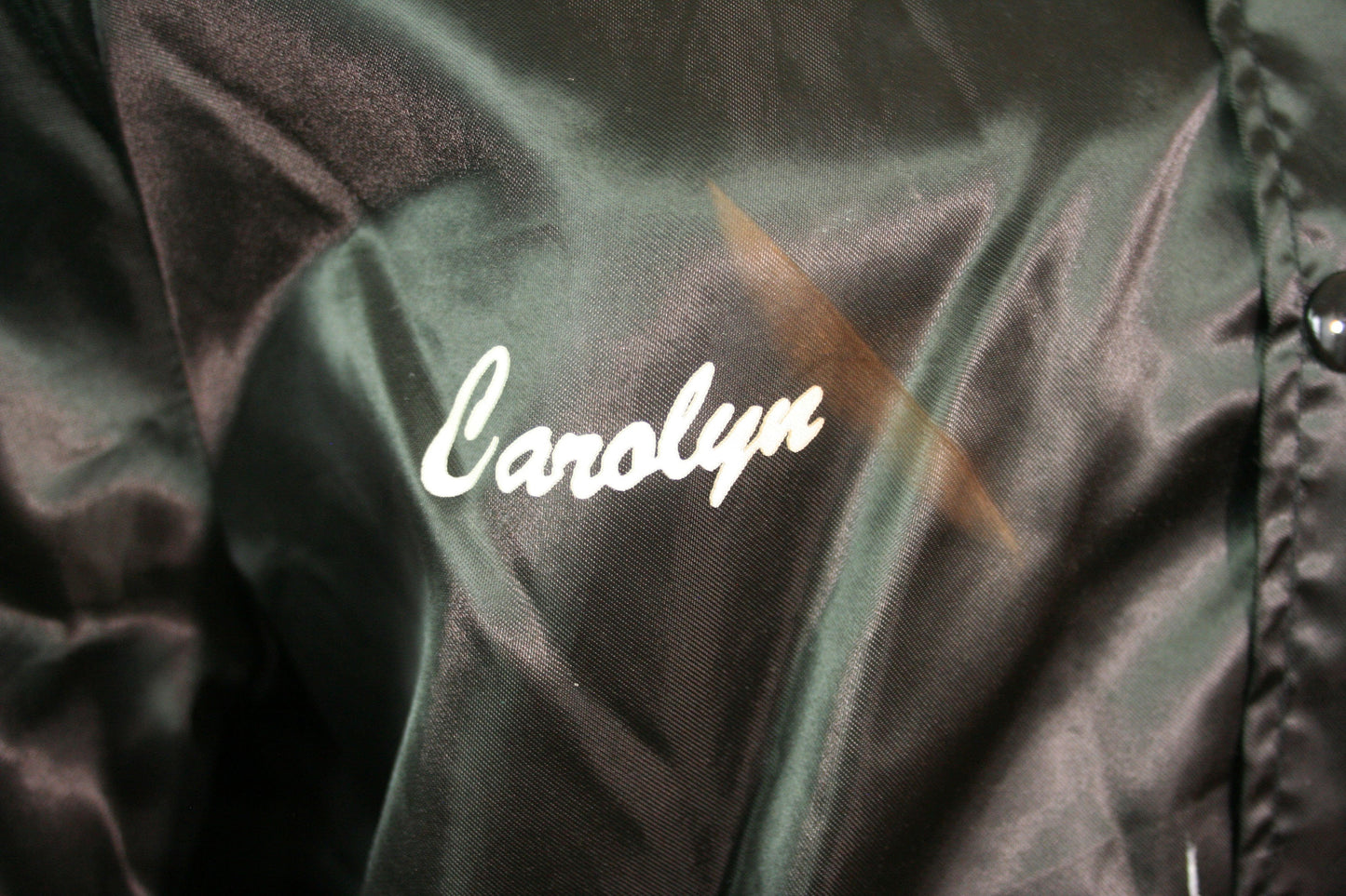 Vintage 1980s 80s Black Snap Button Up Shiny Carolyn Letterman Bomber Baseball Trucker Windbreaker Jacket size Medium M