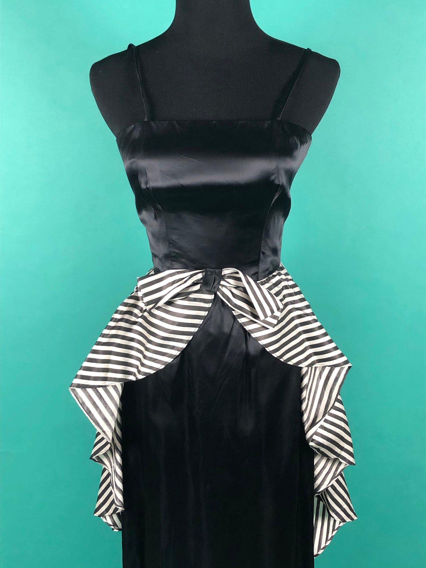 Vintage 1960s 60s Breakfast At Tiffanys Square Neck Spaghetti Strap Pencil Slitted Black Dress with Striped Bow Overskirt size XXS/ XS