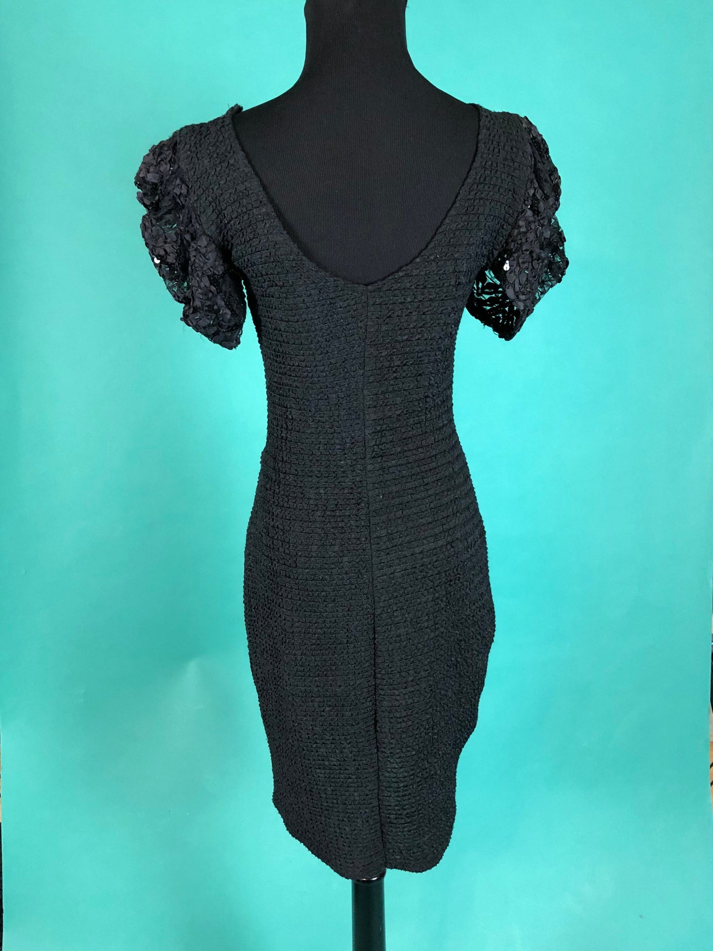 Lace Sequins LBD Vintage 90s Fitted Puff Sleeve stretch Mini Skirt Little Black Dress size Small