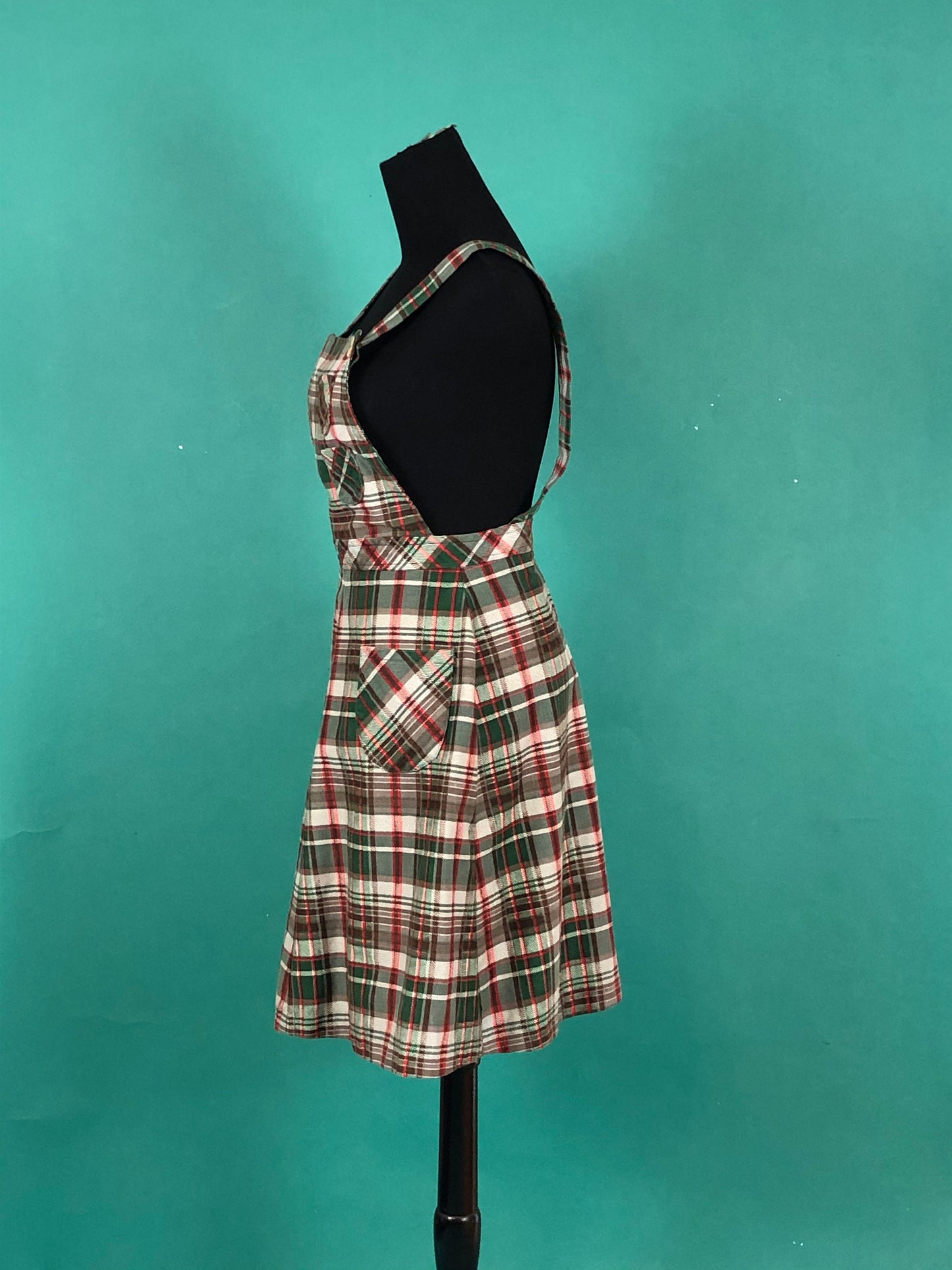 Pleated Overall Madras Plaid Jumper Vintage 70s School girl Overall Skirt Pocketed Cross Strap Apron Dress size XS
