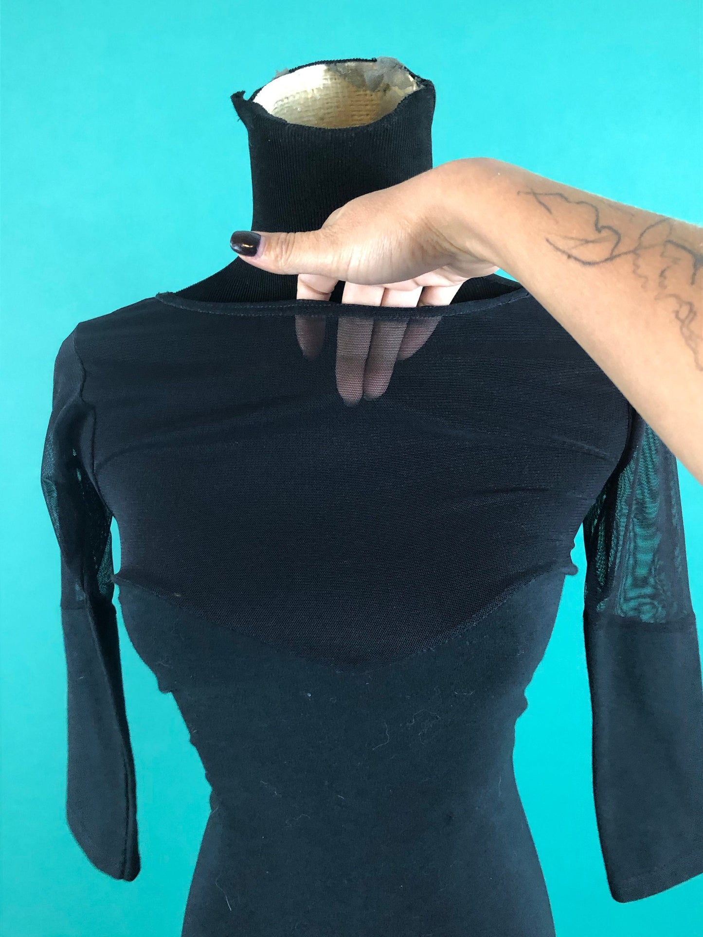 Black Cutout Sheer Sweetheart Dress Vintage 90s Bodycon Fly Girl Long Sleeve Silhouette Cocktail Party Dress size XXS