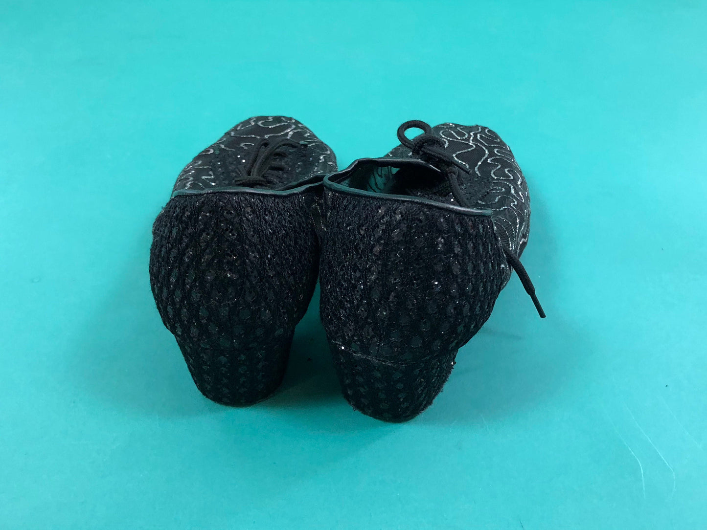 Mesh Silver Squiggle Shoes Vintage 80s Kitten Chunk Heel Lace up Black Dance Mary Janes size 6