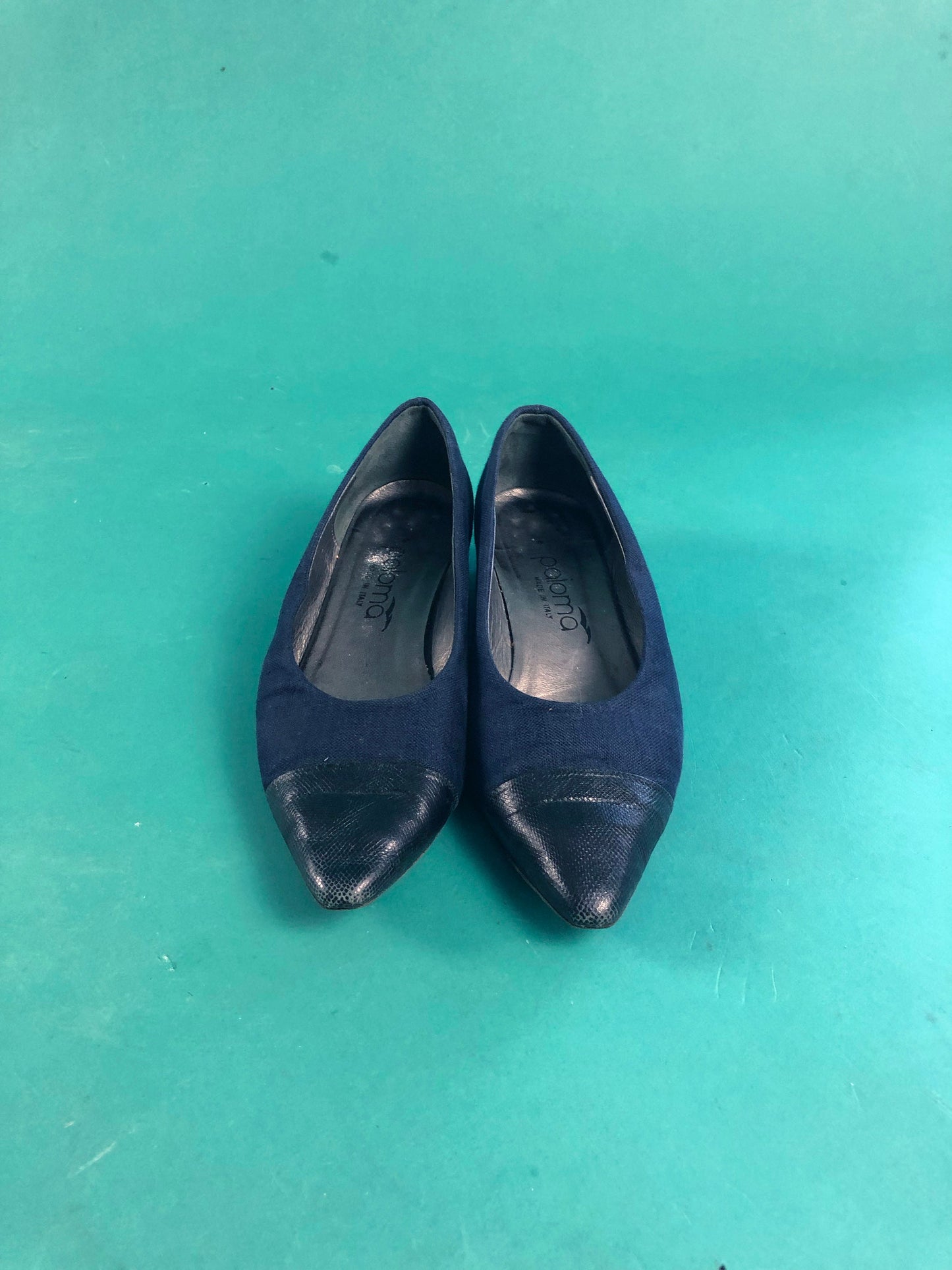Navy Canvas Square Heeled Vintage 80s Italian Paloma Slip On Pointed Toe Loafers size 7