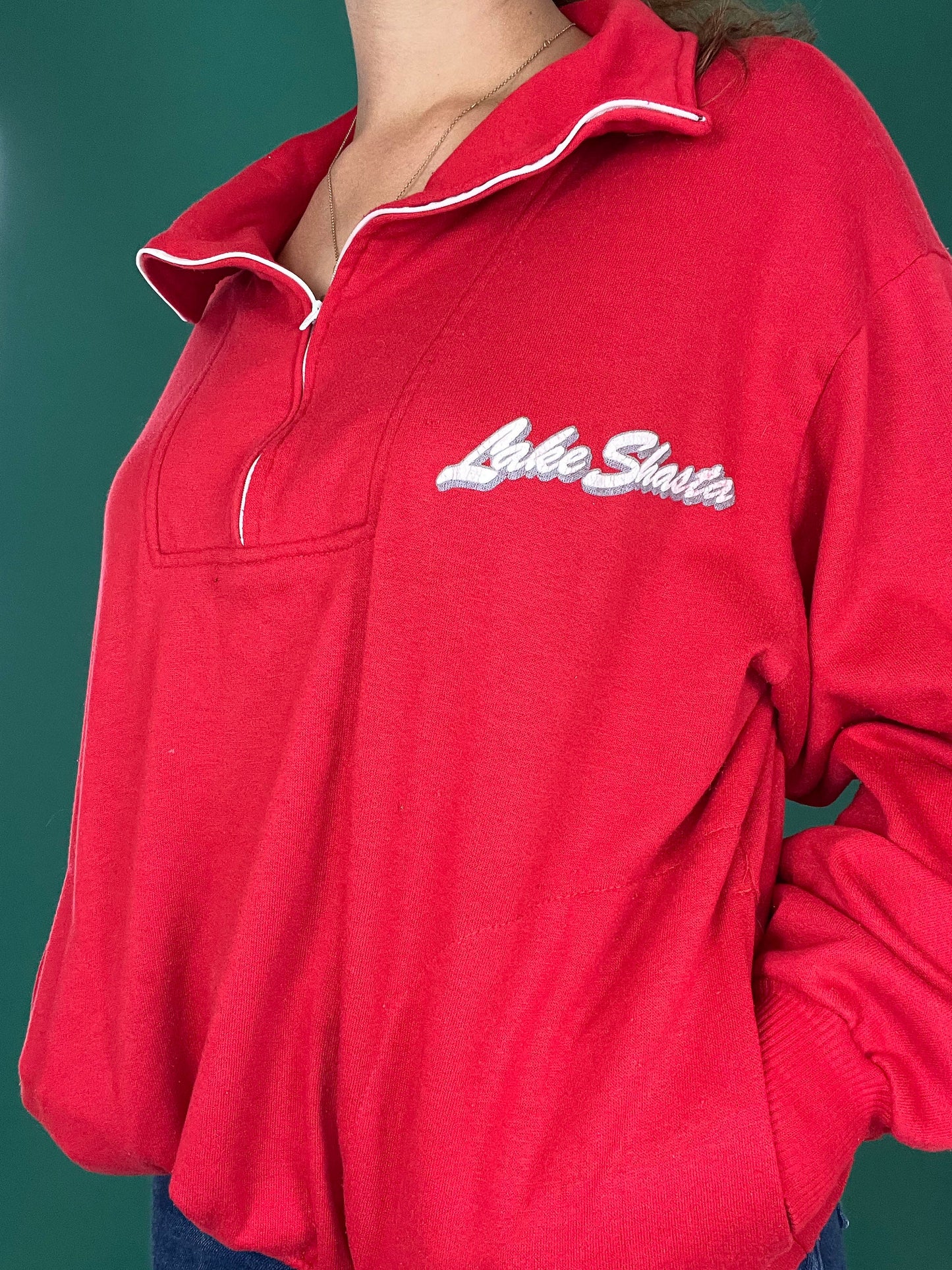 Red Lake Shasta Vintage 70s 80s Pullover Half Zip Collar Vacation Souvenir Camping Sweater size Large