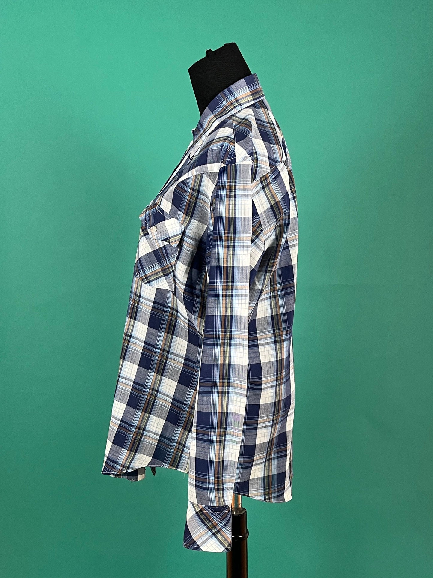 JC Penney Blue Plaid Pearl Snap Vintage 70s Button Up Pocket Long Sleeve Western Top size Large