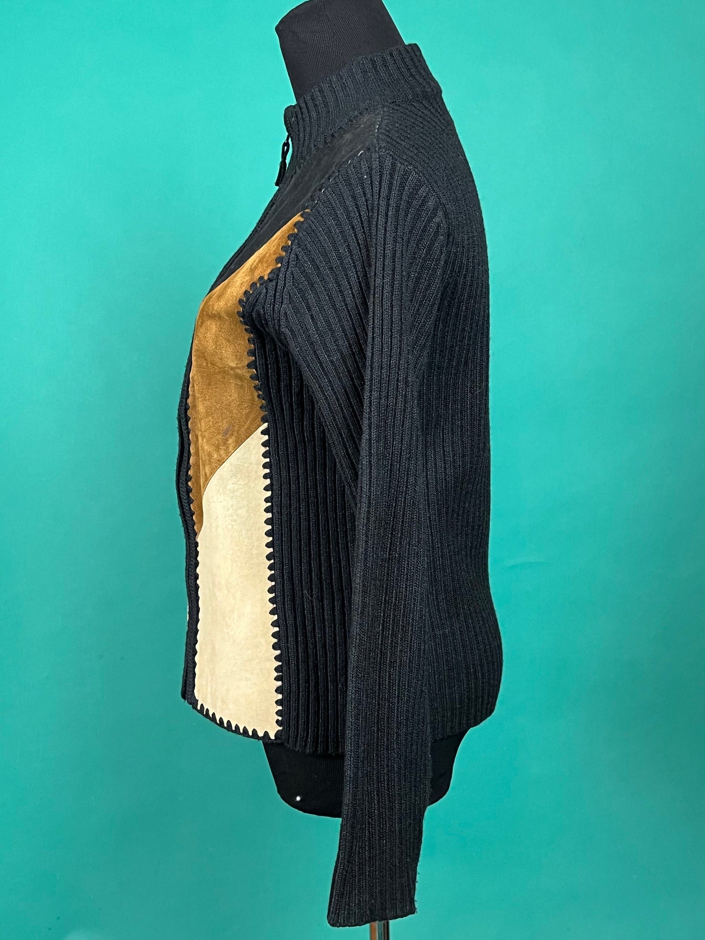 Vintage 90s Brown Cream Suede and Ribbed Knit V Zip Up High Collar Jacket size Small