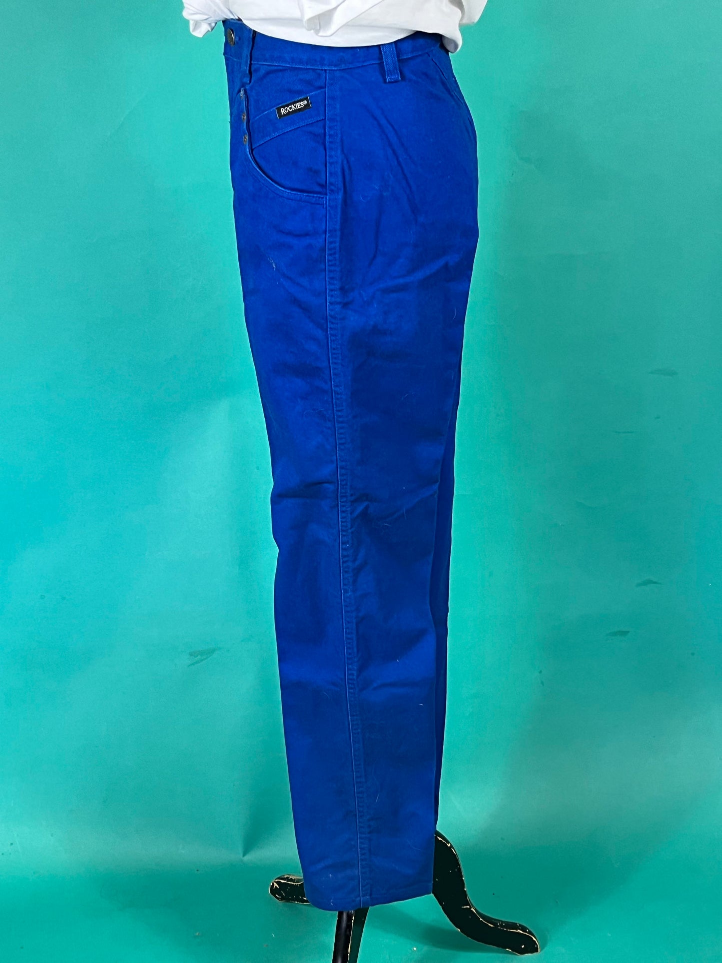 Vintage 80s Kelly Blue High Waisted Rocky Mountain Western Cowboy Straight Leg Denim Jeans size 27