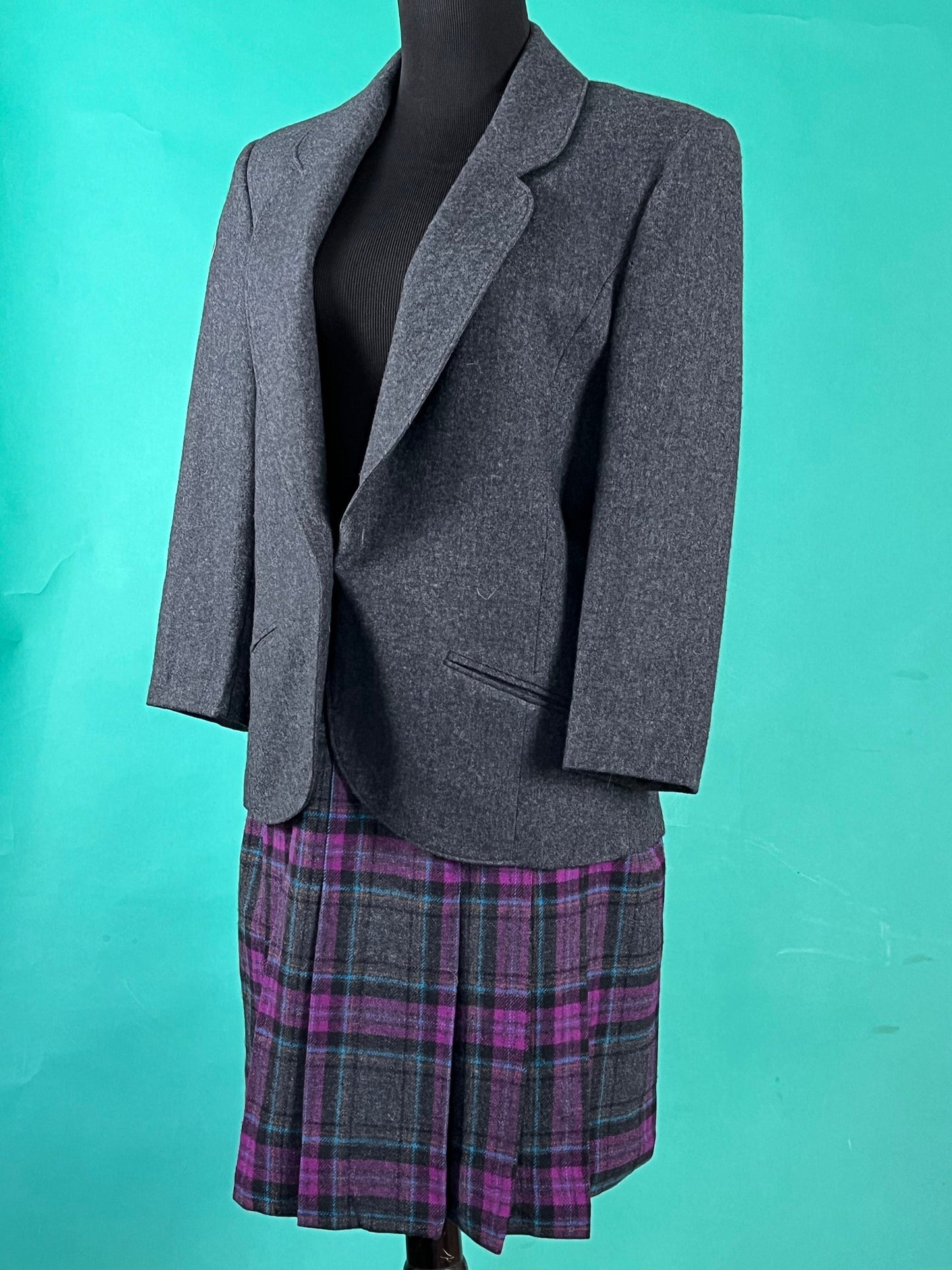 Vintage 70s Miss Pendleton Gray and Purple Two Piece Blazer Pleated Wool Skirt Set Outfit size 10