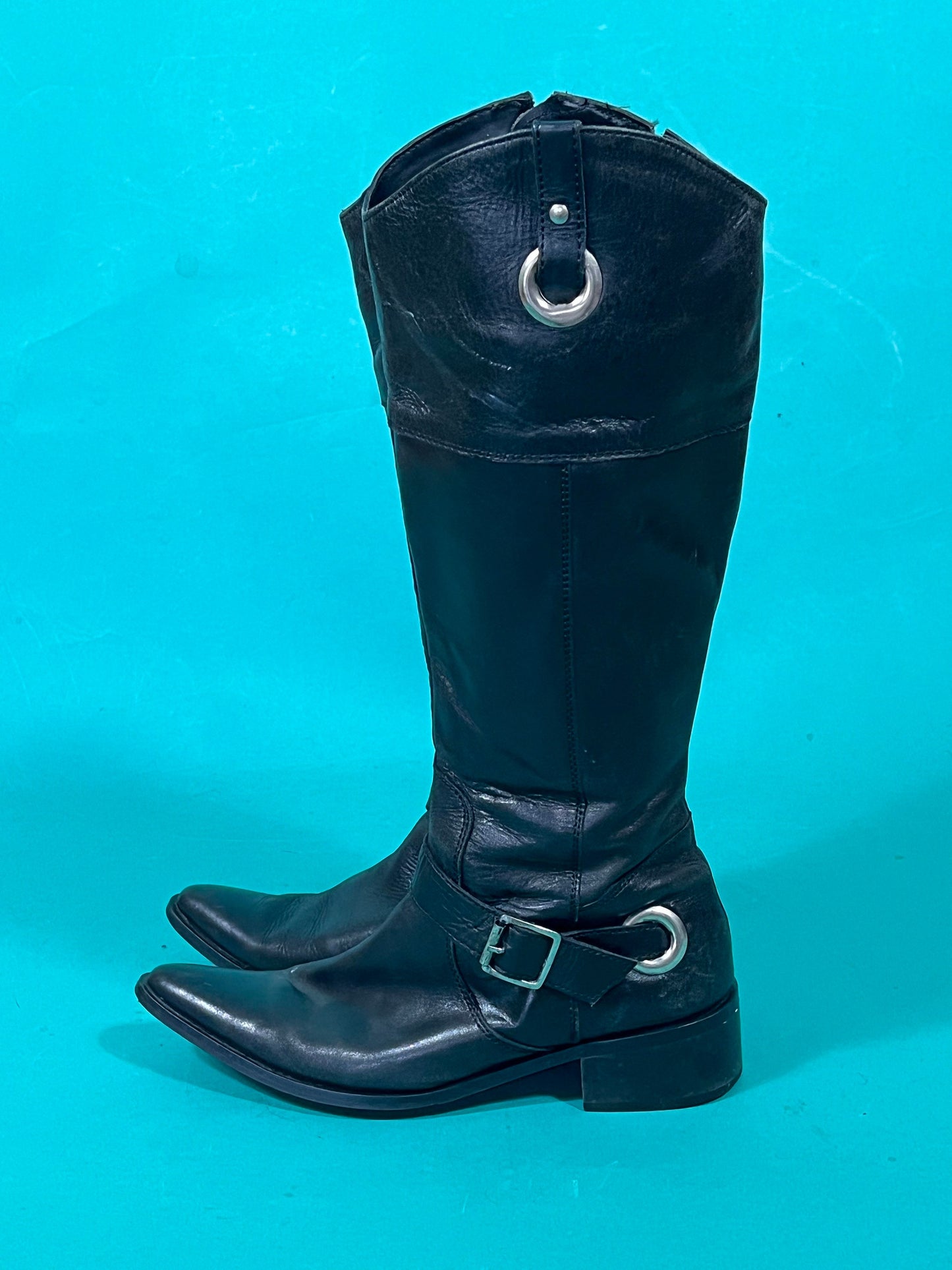 Vintage Y2K Black Leather Calf Length Zip Up Straboski Buck Western Biker Cowboy Boots size 38