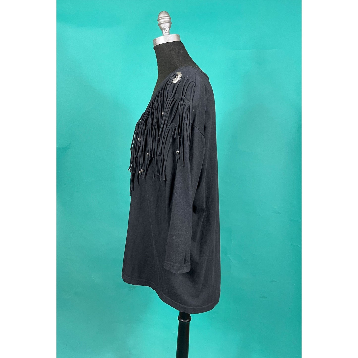 Vintage 90s Concho Black Beaded Tassel Country Western V Neck Batwing Quarter Sleeve Top