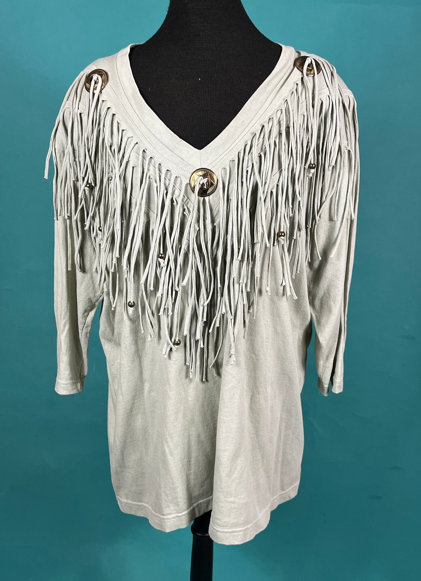 Vintage 90s Bronze Concho Pistachio Green Beaded Tassel Country Western V Neck Batwing Quarter Sleeve Top