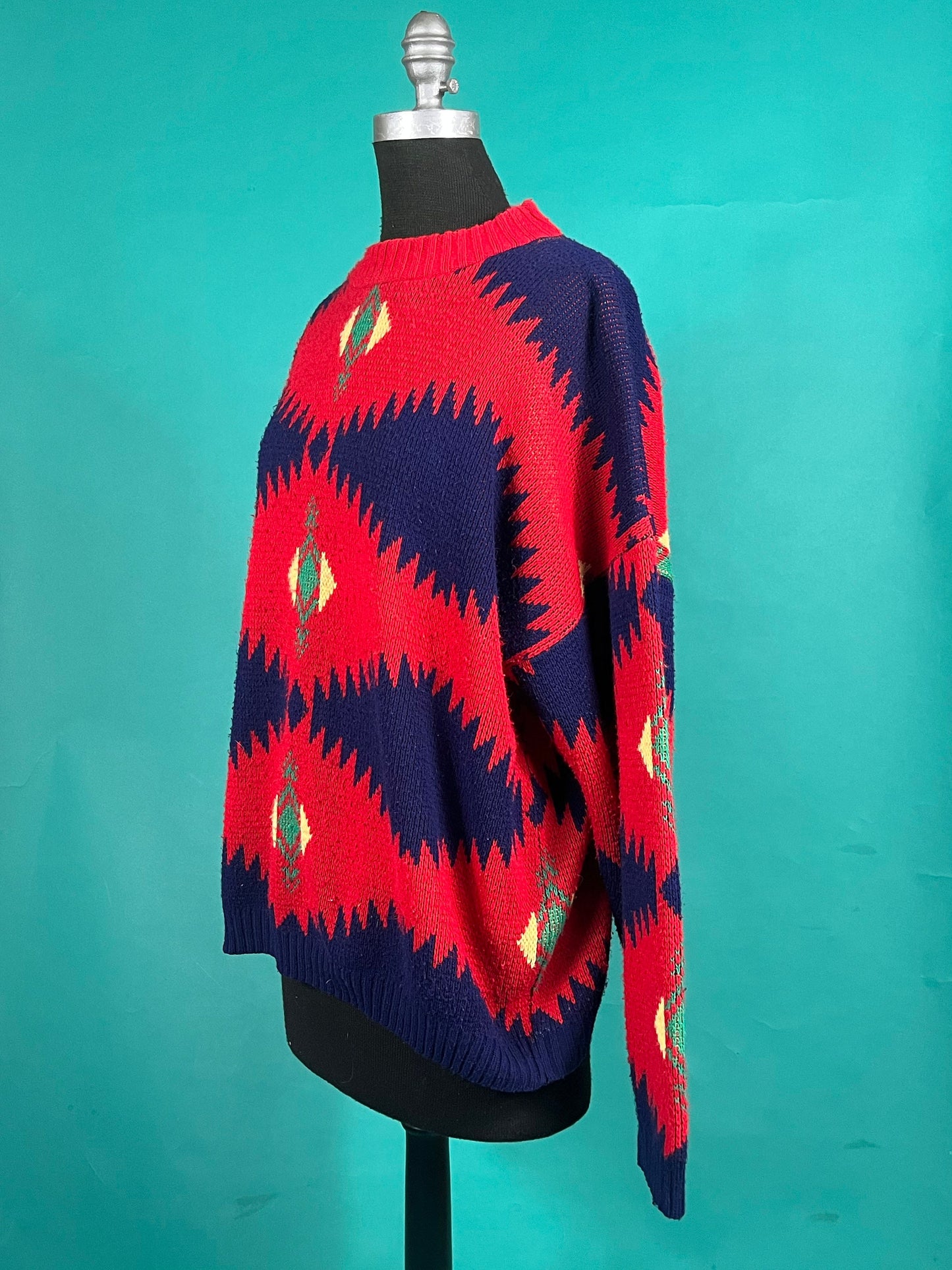 Vintage 70s Southwestern Long Sleeve Bright Knit Crew Neck Pullover Sweater size Large