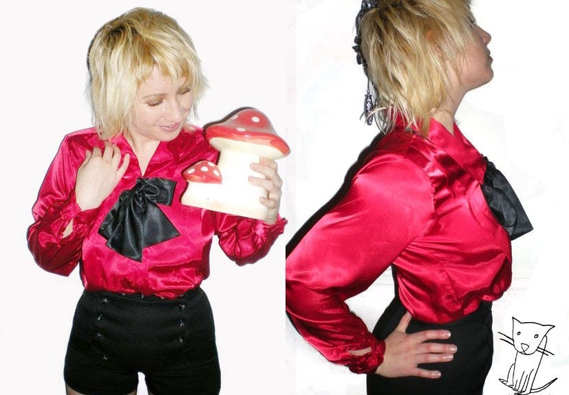 Red and Black Button Up Vintage 70s Long Sleeve Silky Collared Bowtie Holiday Blouse size Small