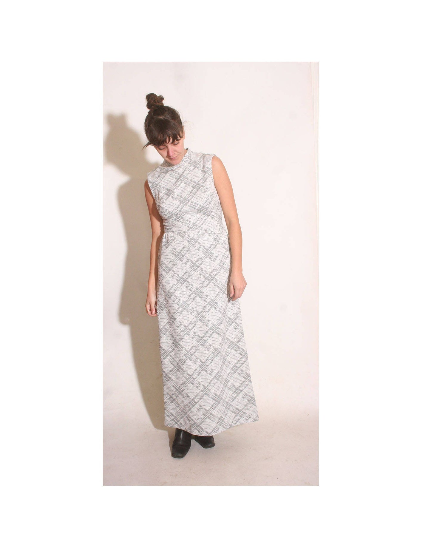 Vintage 1970s Silver and White Empire Waist Plaid Sleeveless Turtleneck Maxi Dress size S