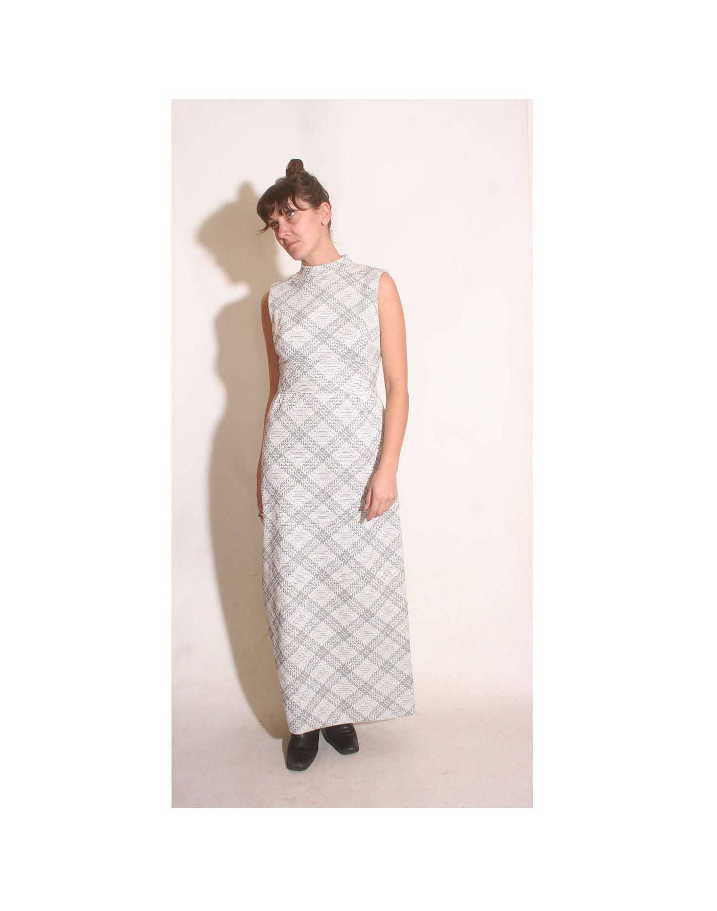 Vintage 1970s Silver and White Empire Waist Plaid Sleeveless Turtleneck Maxi Dress size S
