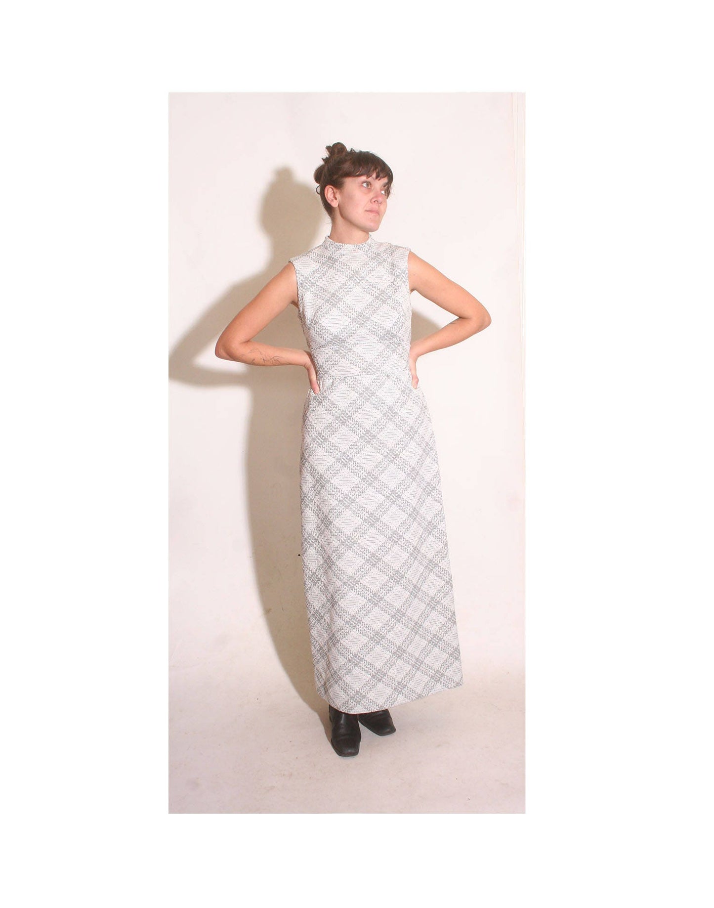 Vintage 1970s Silver and White Empire Waist Plaid Sleeveless Turtleneck Maxi Dress size S