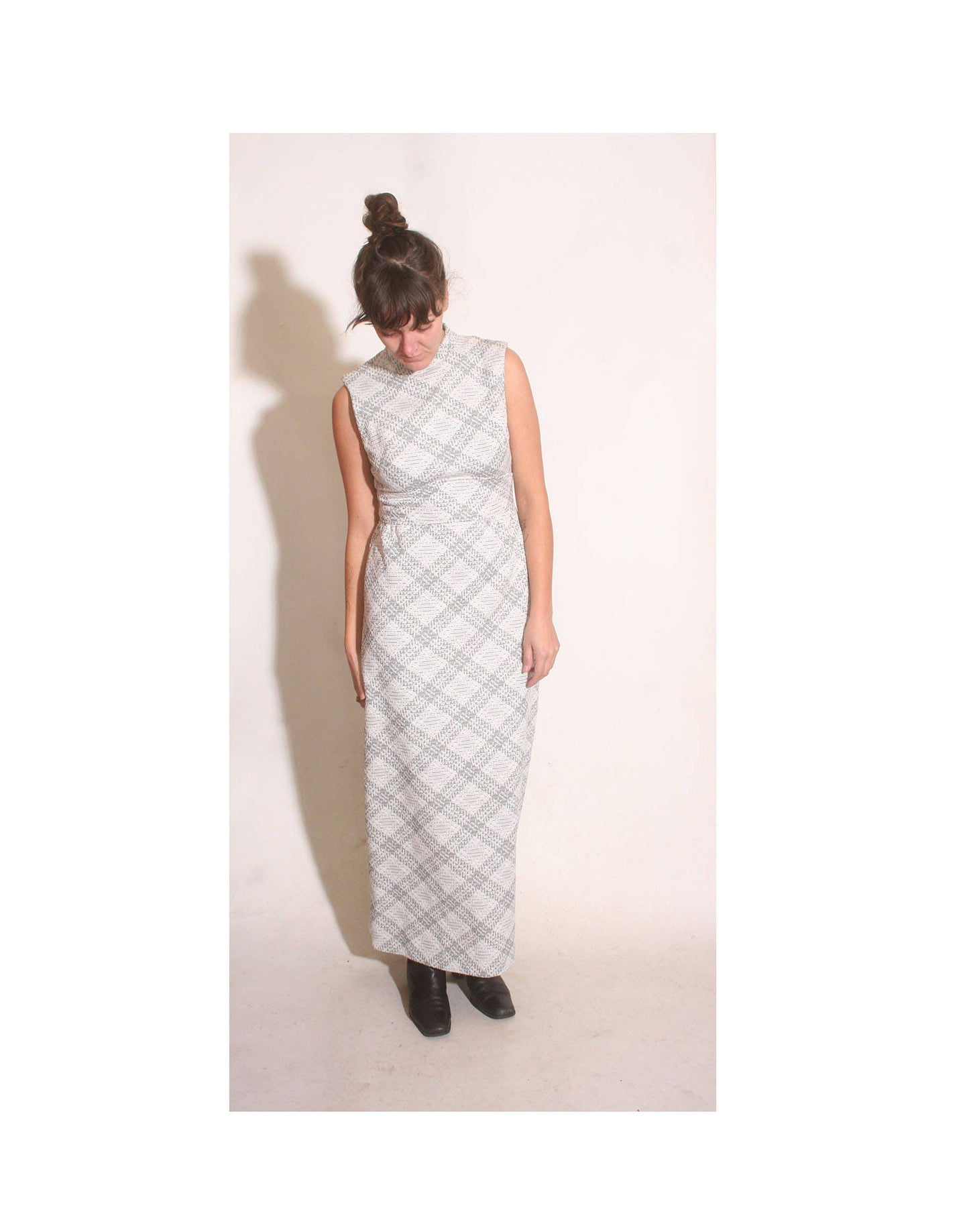 Vintage 1970s Silver and White Empire Waist Plaid Sleeveless Turtleneck Maxi Dress size S