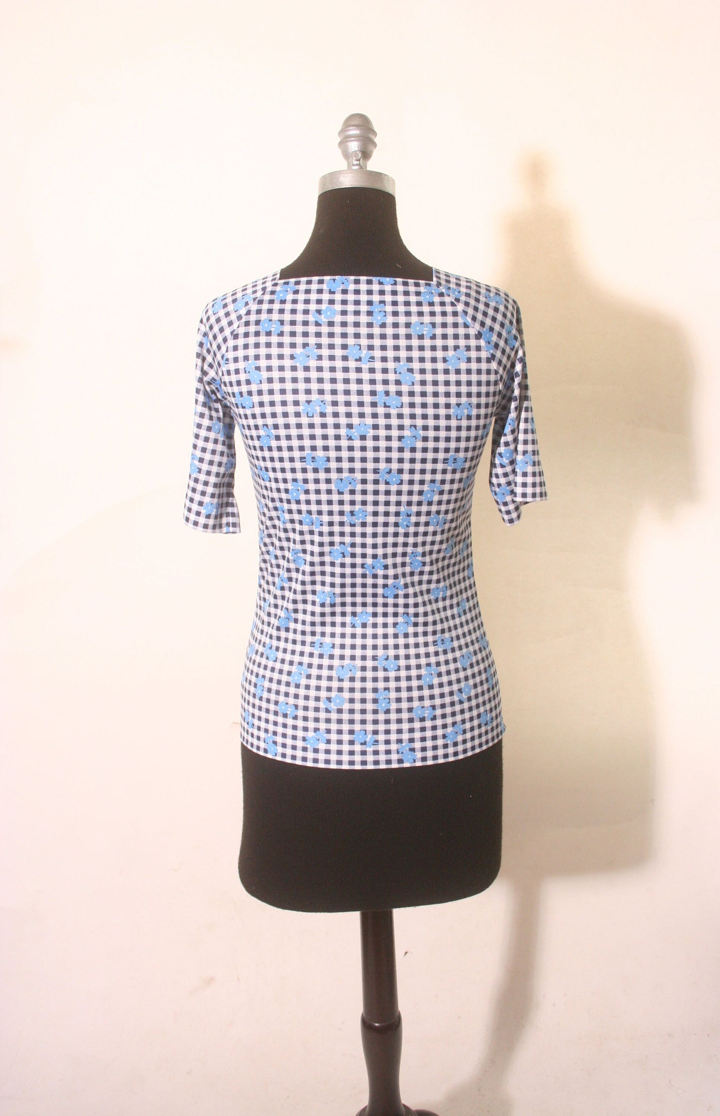 Vintage 90s Quarter Sleeve Blue Picnic Square Neck Fitted Shiny Top size M