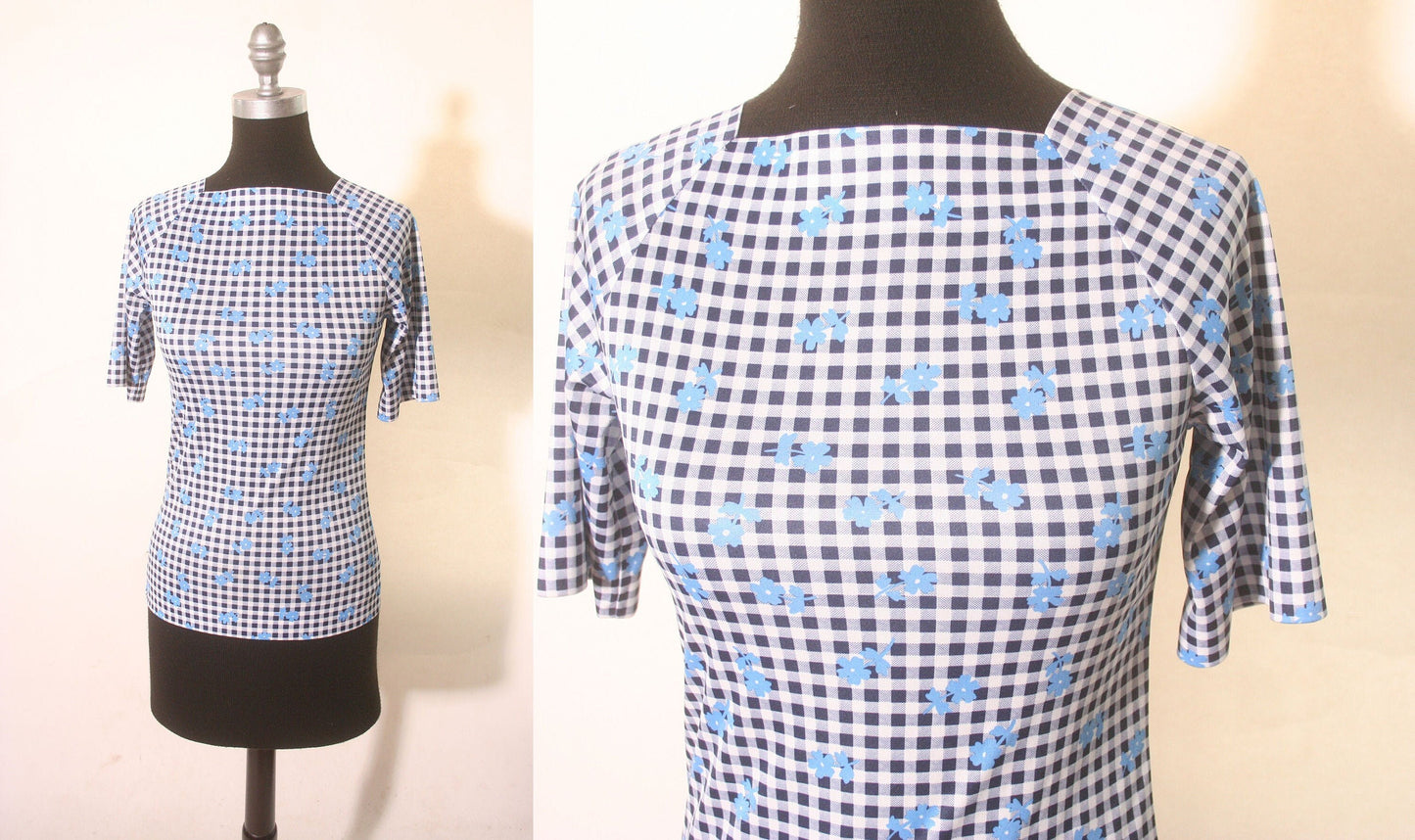 Vintage 90s Quarter Sleeve Blue Picnic Square Neck Fitted Shiny Top size M