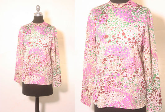 Vintage 1970s Pink Green Floral Psychedelic Long Sleeve Turtleneck Blouse size L