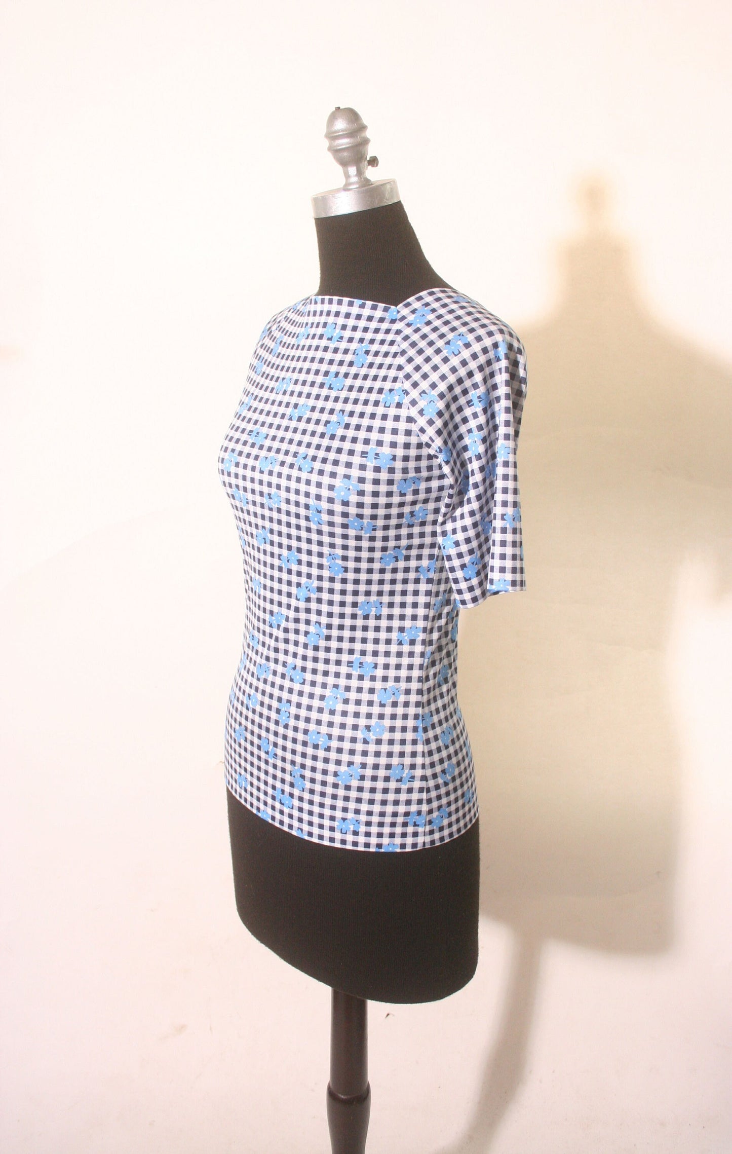 Vintage 90s Quarter Sleeve Blue Picnic Square Neck Fitted Shiny Top size M