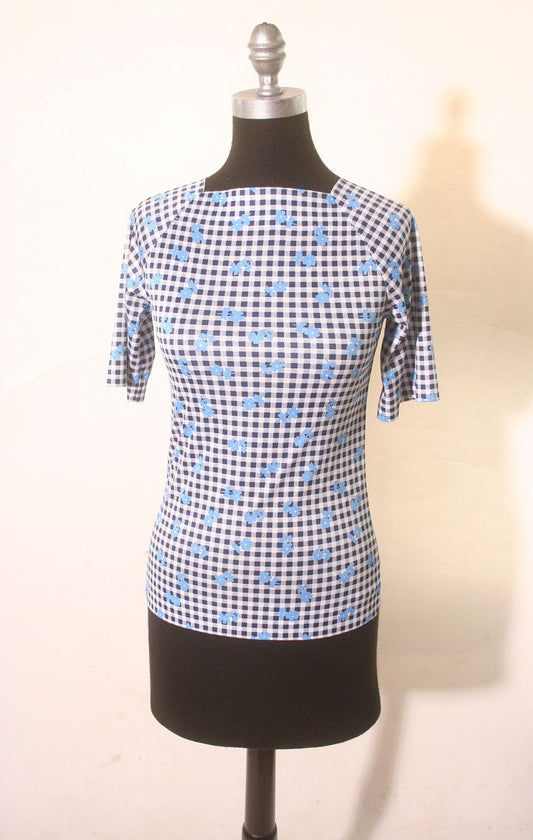 Vintage 90s Quarter Sleeve Blue Picnic Square Neck Fitted Shiny Top size M