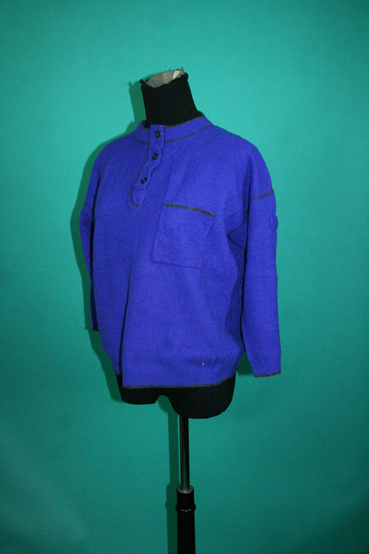 Vintage 80s 1980s Ultra Violet Lambswool Button Up Mock Neck Batwing Quarter Sleeve Tarazzia Beatnik Pocketed Pullover Mod  Sweater Medium M
