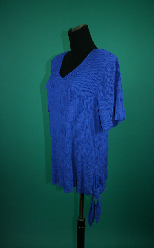 Vintage 90s 1990s Koret Kelly Blue Crinkled Shoulder Pad V Neck Side Knot Short Sleeve Long Blouse Top Medium M