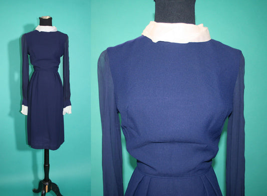 Vintage 60s 1960s Navy Sheer Long Sleeve Peter Pan Collar Mod Dress size 8