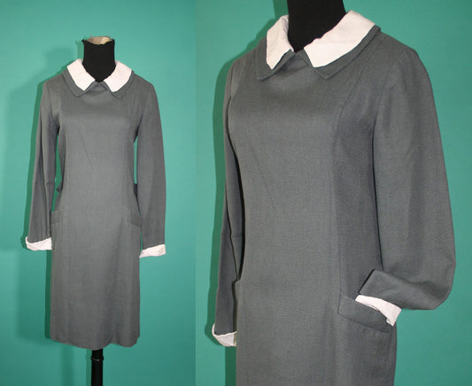 Vintage 1950s Peter Pan Double Collar and Cuff Long Sleeve Linen Nun Decorative Pockets Princess Sleeve Grey Gray and White Dress Small S