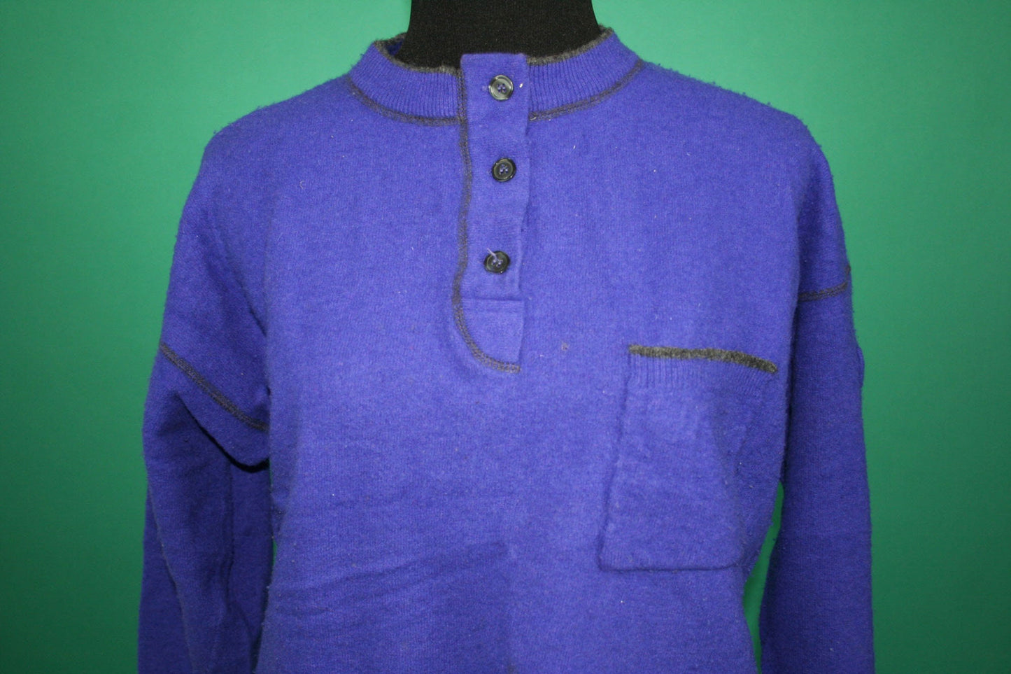 Vintage 80s 1980s Ultra Violet Lambswool Button Up Mock Neck Batwing Quarter Sleeve Tarazzia Beatnik Pocketed Pullover Mod  Sweater Medium M