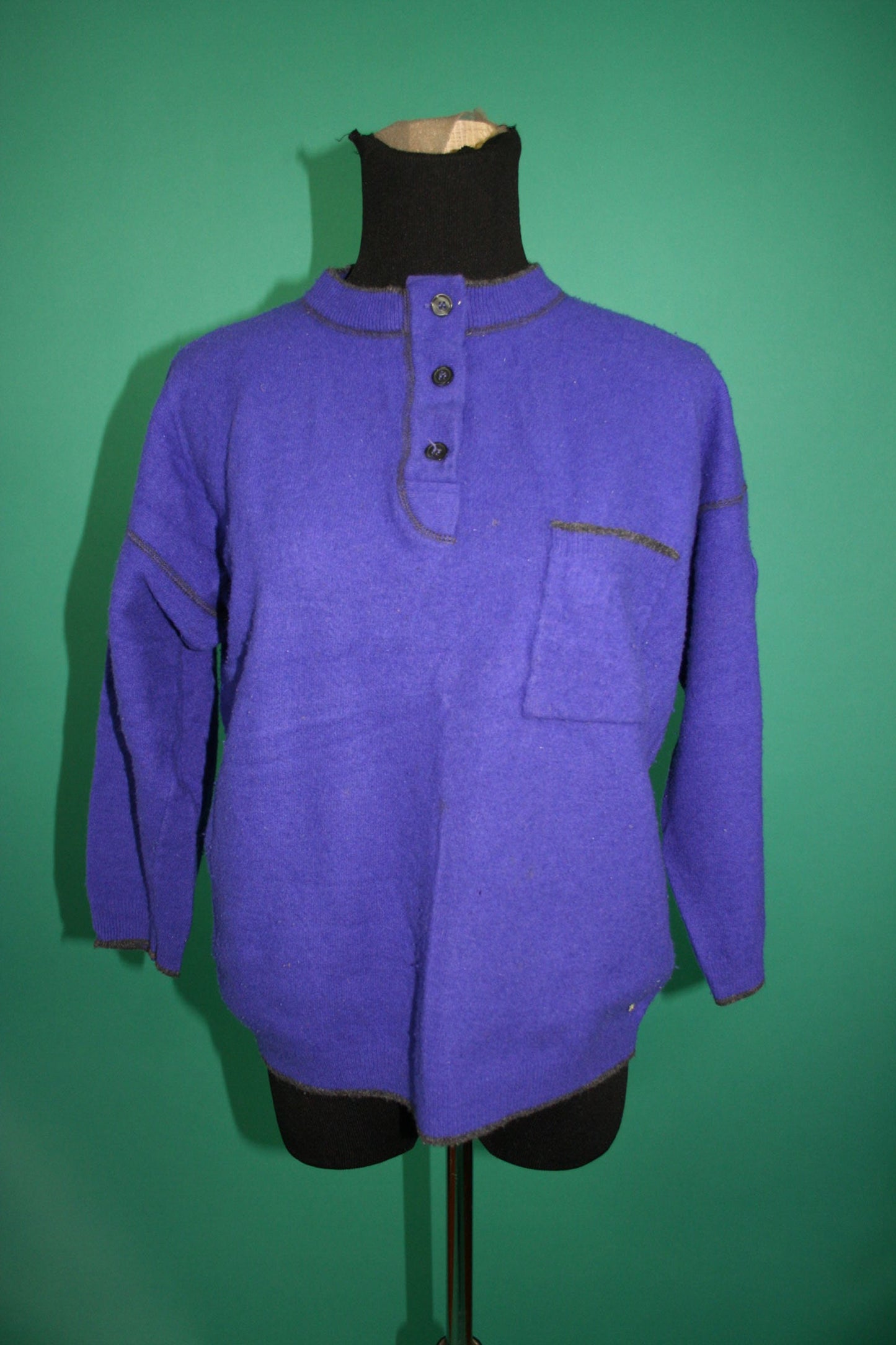 Vintage 80s 1980s Ultra Violet Lambswool Button Up Mock Neck Batwing Quarter Sleeve Tarazzia Beatnik Pocketed Pullover Mod  Sweater Medium M