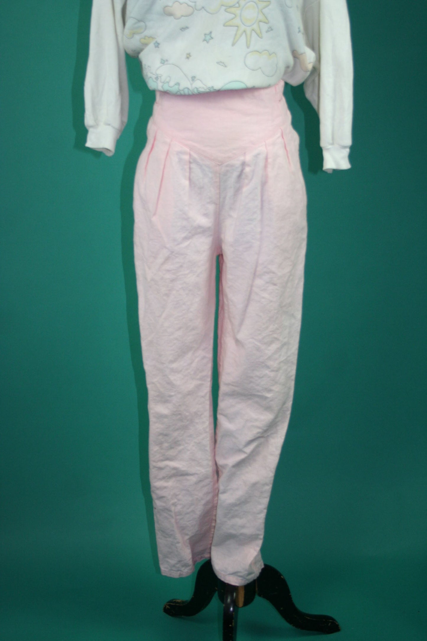 Vintage 1980s 80s Linen High Waisted Baby Pink Pastel Pleated Pegged Cigarette Trouser Pant Bottoms Small S