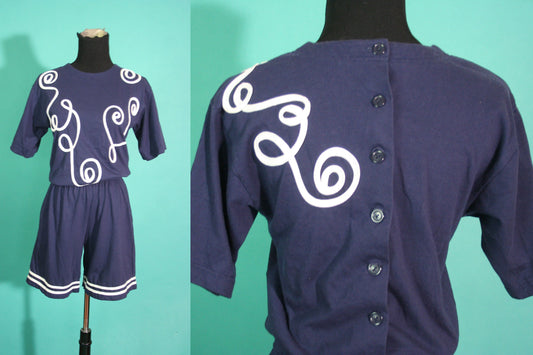 Vintage 1980s 80s Navy Cinched Waist Back Button S Roberts Shorts Romper Sailor Girl Jumpsuit Size Small