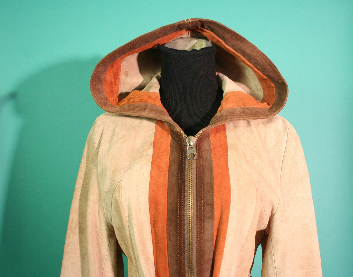 Vintage 1970s 70s Tan Rust and Brown Suede Leather Striped Hooded Pocket Belted Made in Mexico Zip Up Jacket Small S