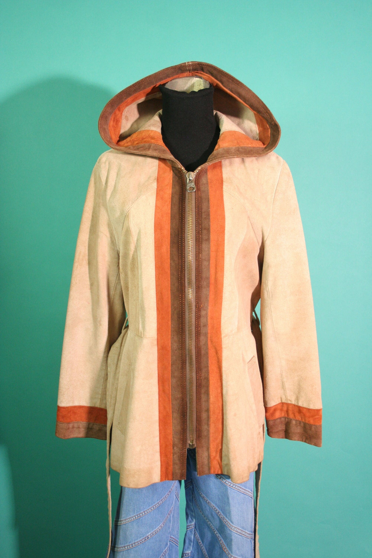 Vintage 1970s 70s Tan Rust and Brown Suede Leather Striped Hooded Pocket Belted Made in Mexico Zip Up Jacket Small S
