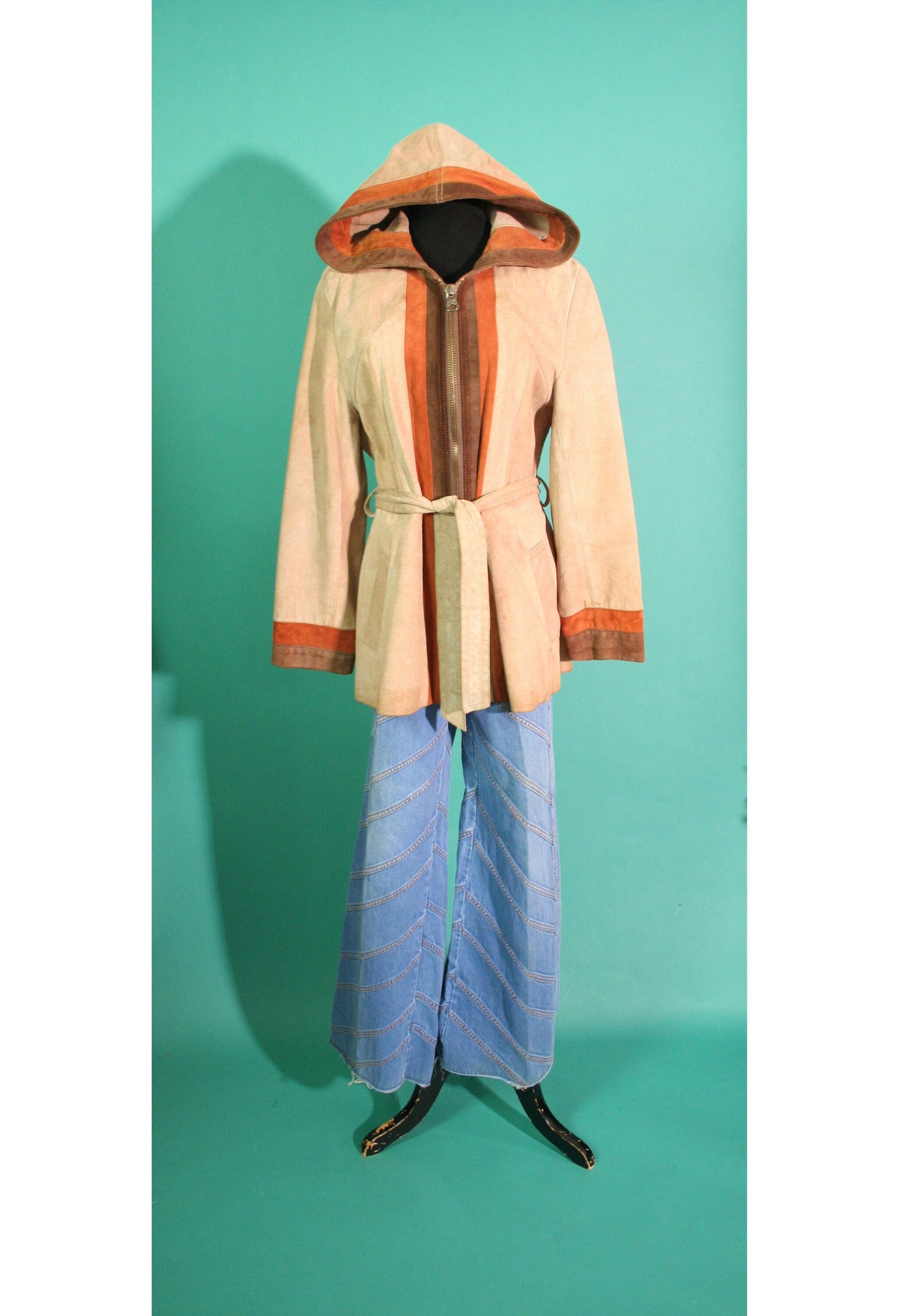 Vintage 1970s 70s Tan Rust and Brown Suede Leather Striped Hooded Pocket Belted Made in Mexico Zip Up Jacket Small S