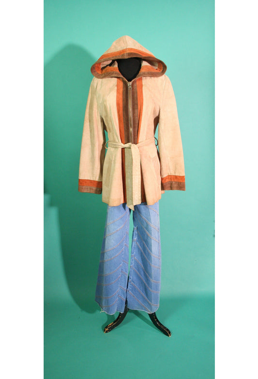 Vintage 1970s 70s Tan Rust and Brown Suede Leather Striped Hooded Pocket Belted Made in Mexico Zip Up Jacket Small S