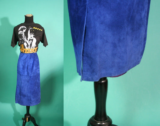 Vintage 1980s 80s Electric Blue High Waisted Pencil Skirt Leather Suede Richard Warren Long Knee Length Fitted Skirt size 4