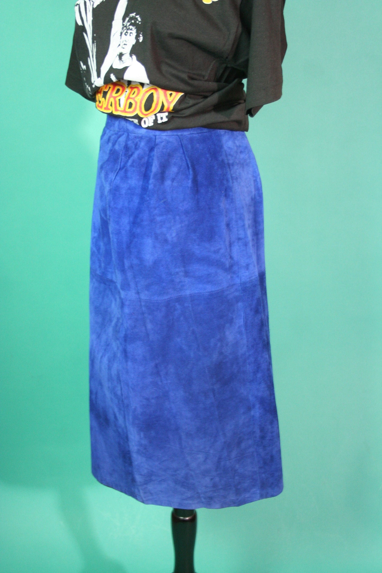 Vintage 1980s 80s Electric Blue High Waisted Pencil Skirt Leather Suede Richard Warren Long Knee Length Fitted Skirt size 4
