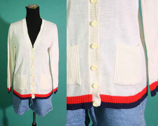 Vintage 1960s Cream Navy and Red Orange Striped Cuff Front Pockets Ribbed Knit Tennis Navy Button Down Cardigan Size Medium M