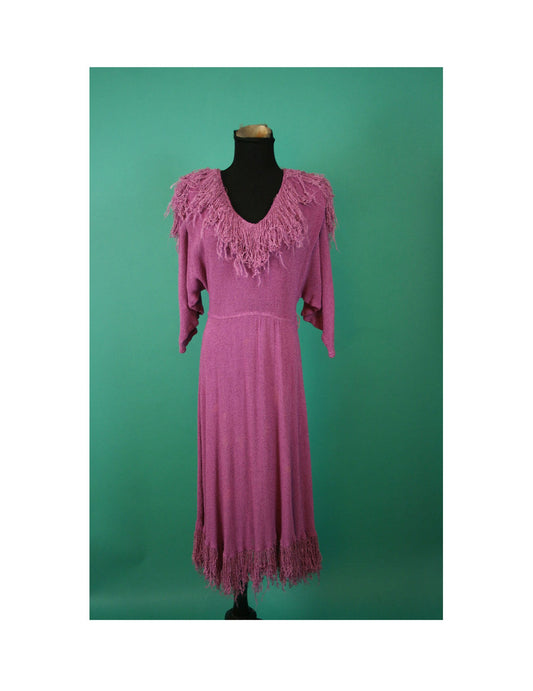 Vintage 1970s 70s Tiered Tasseled Batwing Quarter Sleeve V Neck Cinched Waist Woven Calf Length Lavender Fringe Dress Large L