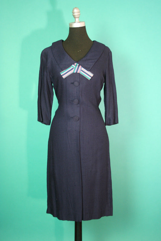 Vintage 1950s 50s Linen Big  Button up Secretary Business Madmen Navy Quarter Sleeve Flat Collar Striped Decorative Bow Fitted Dress Medium