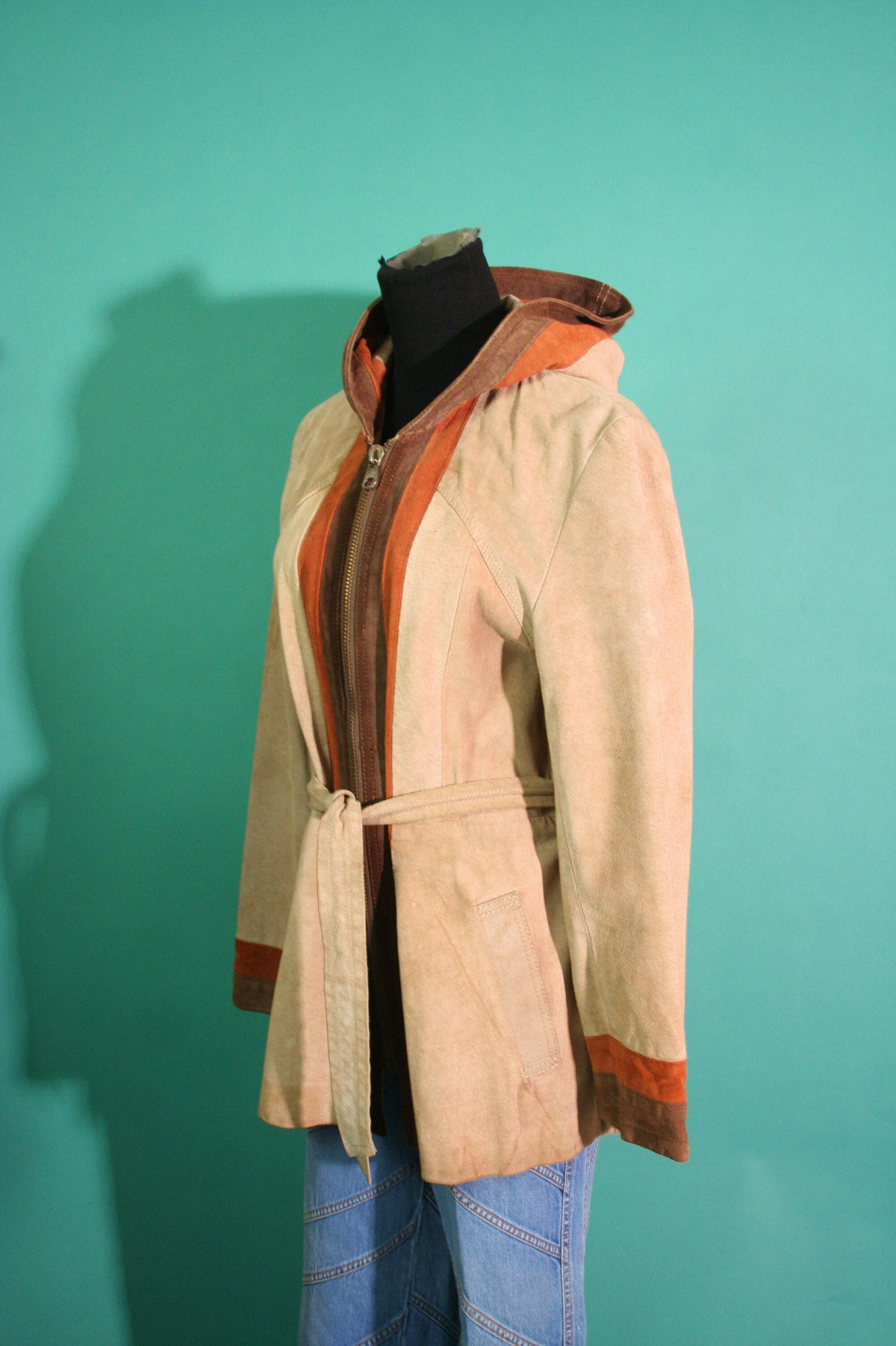 Vintage 1970s 70s Tan Rust and Brown Suede Leather Striped Hooded Pocket Belted Made in Mexico Zip Up Jacket Small S