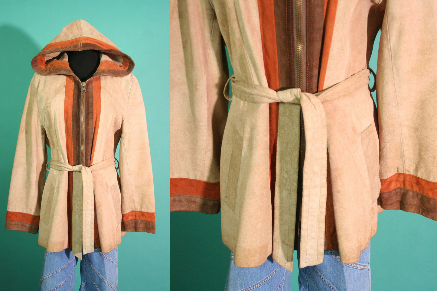 Vintage 1970s 70s Tan Rust and Brown Suede Leather Striped Hooded Pocket Belted Made in Mexico Zip Up Jacket Small S