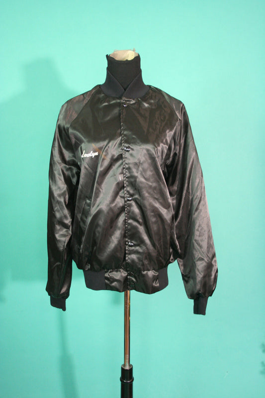 Vintage 1980s 80s Black Snap Button Up Shiny Carolyn Letterman Bomber Baseball Trucker Windbreaker Jacket size Medium M