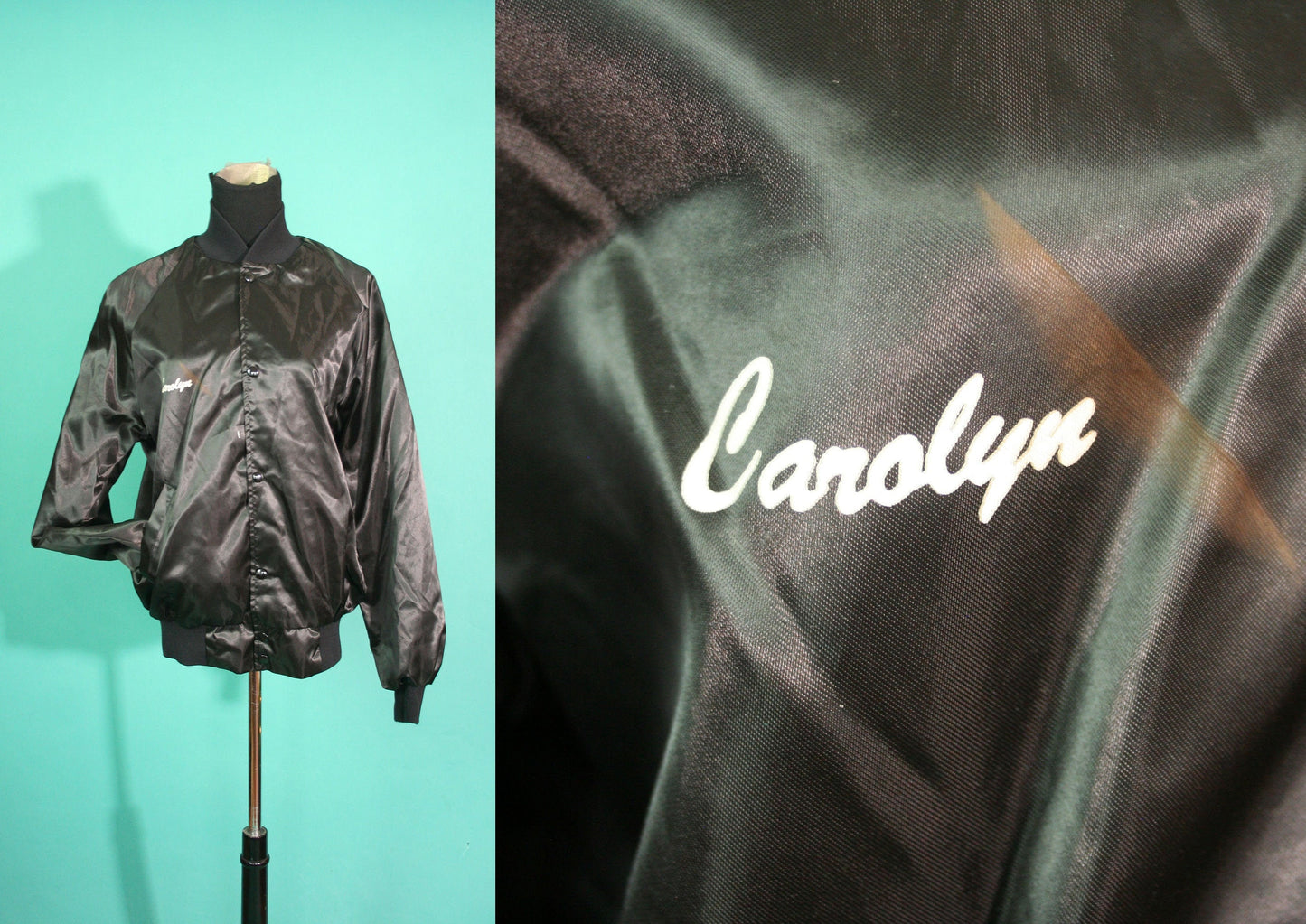 Vintage 1980s 80s Black Snap Button Up Shiny Carolyn Letterman Bomber Baseball Trucker Windbreaker Jacket size Medium M