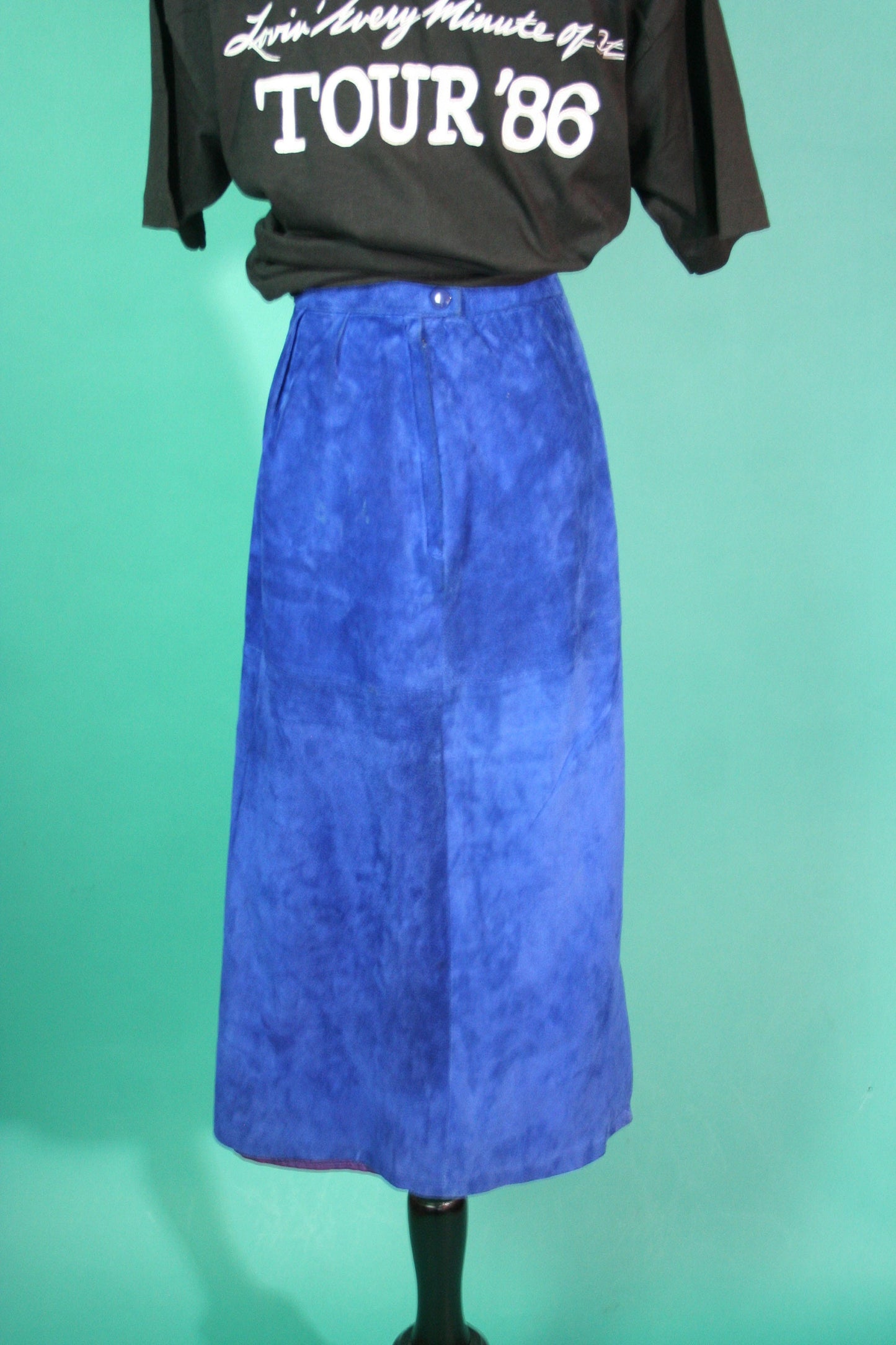 Vintage 1980s 80s Electric Blue High Waisted Pencil Skirt Leather Suede Richard Warren Long Knee Length Fitted Skirt size 4